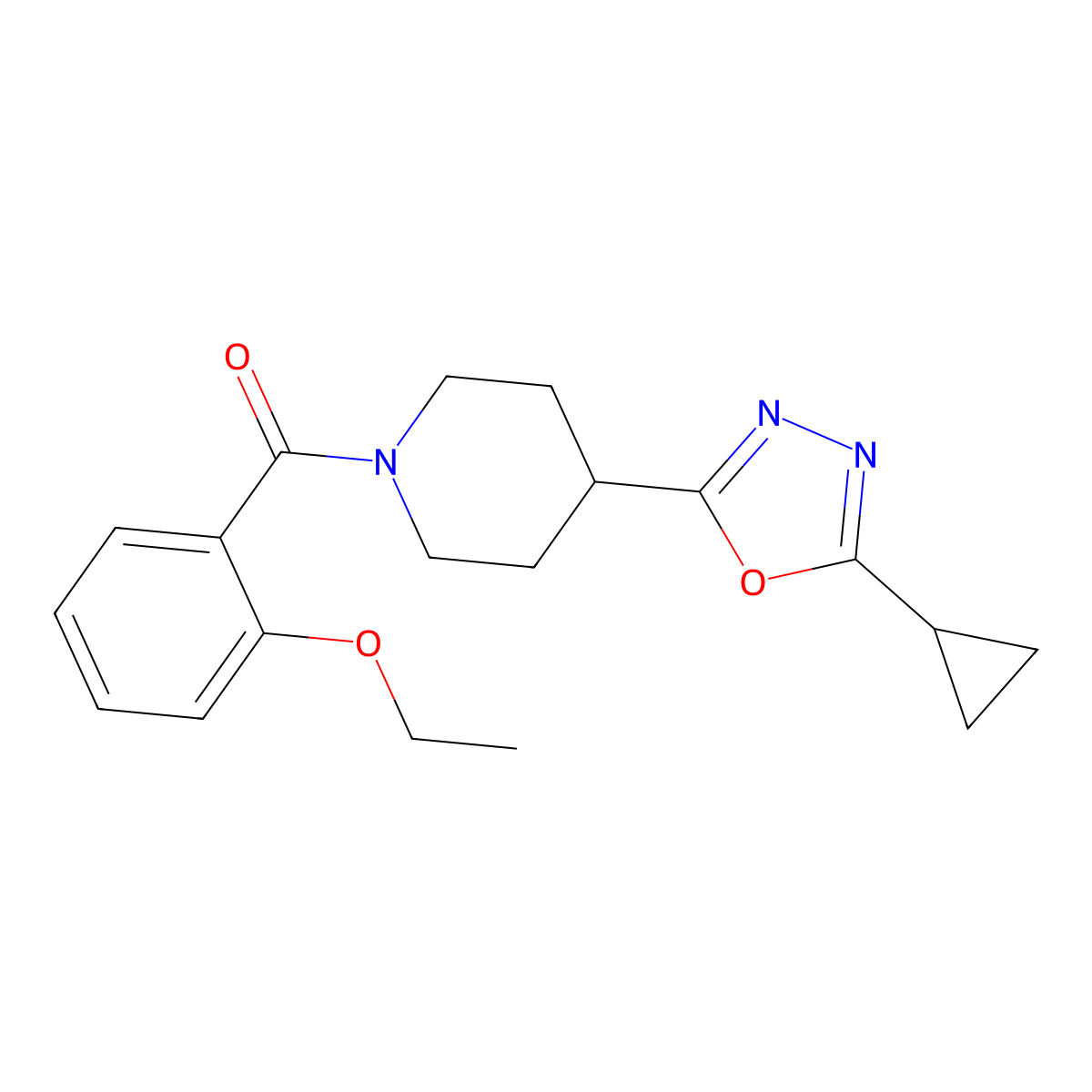 (4-(5-Cyclopropyl-1,3,4-oxadiazol-2-yl)piperidin-1-yl)(2-ethoxyphenyl)methanone molecular structure, CAS 1208913-57-8