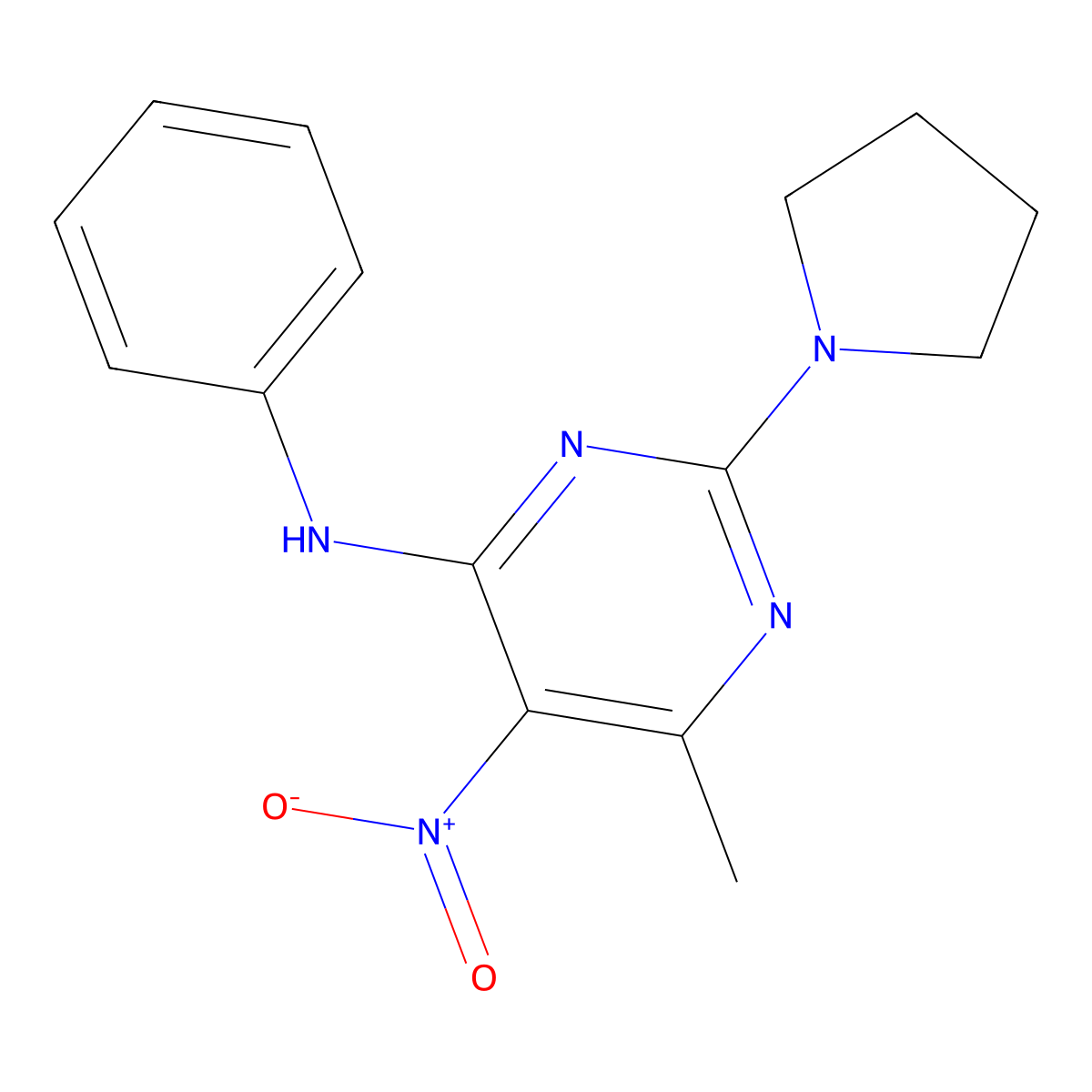 6-methyl-5-nitro-N-phenyl-2-(pyrrolidin-1-yl)pyrimidin-4-amine molecular structure, CAS 1208914-06-0