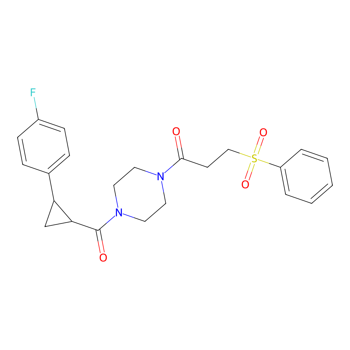 1-(4-(2-(4-Fluorophenyl)cyclopropanecarbonyl)piperazin-1-yl)-3-(phenylsulfonyl)propan-1-one molecular structure, CAS 1208935-28-7