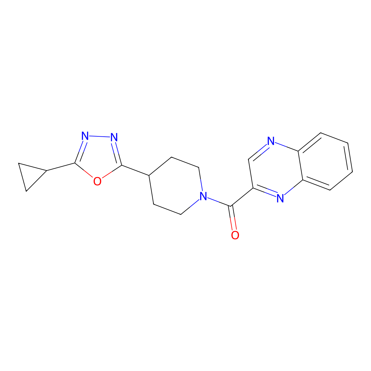 (4-(5-Cyclopropyl-1,3,4-oxadiazol-2-yl)piperidin-1-yl)(quinoxalin-2-yl)methanone molecular structure, CAS 1208936-70-2