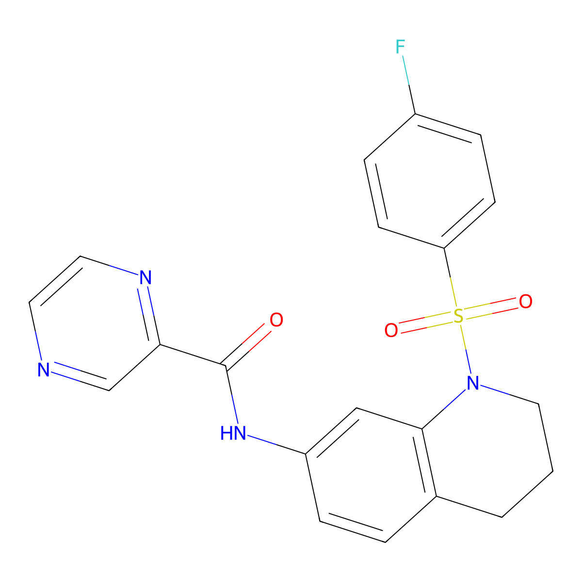N-(1-((4-fluorophenyl)sulfonyl)-1,2,3,4-tetrahydroquinolin-7-yl)pyrazine-2-carboxamide molecular structure, CAS 1208939-62-1