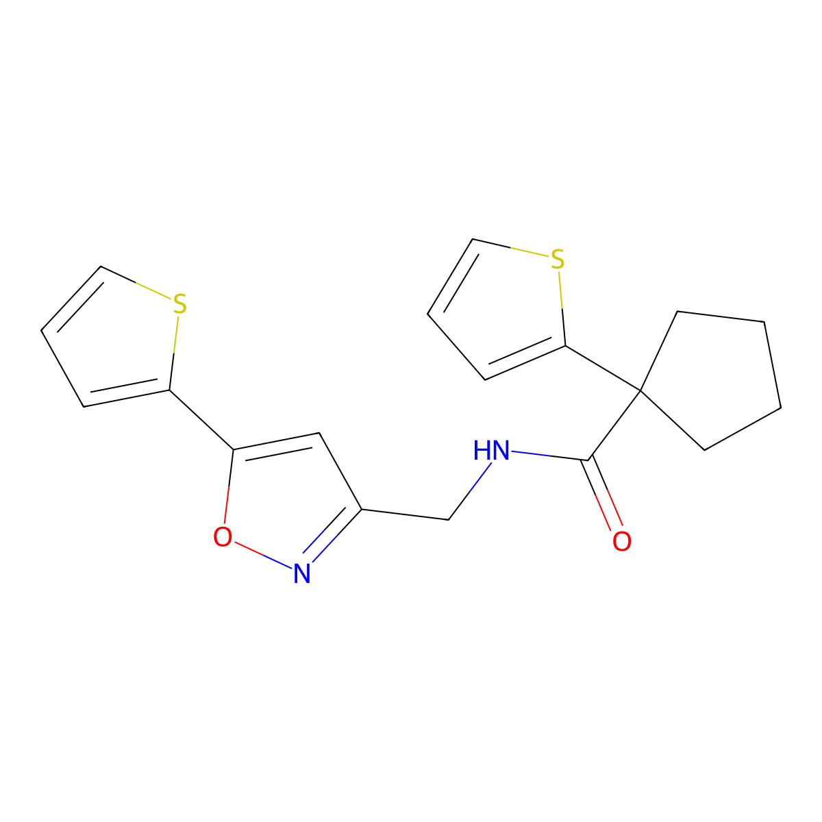 1-(thiophen-2-yl)-N-((5-(thiophen-2-yl)isoxazol-3-yl)methyl)cyclopentanecarboxamide molecular structure, CAS 1208941-06-3