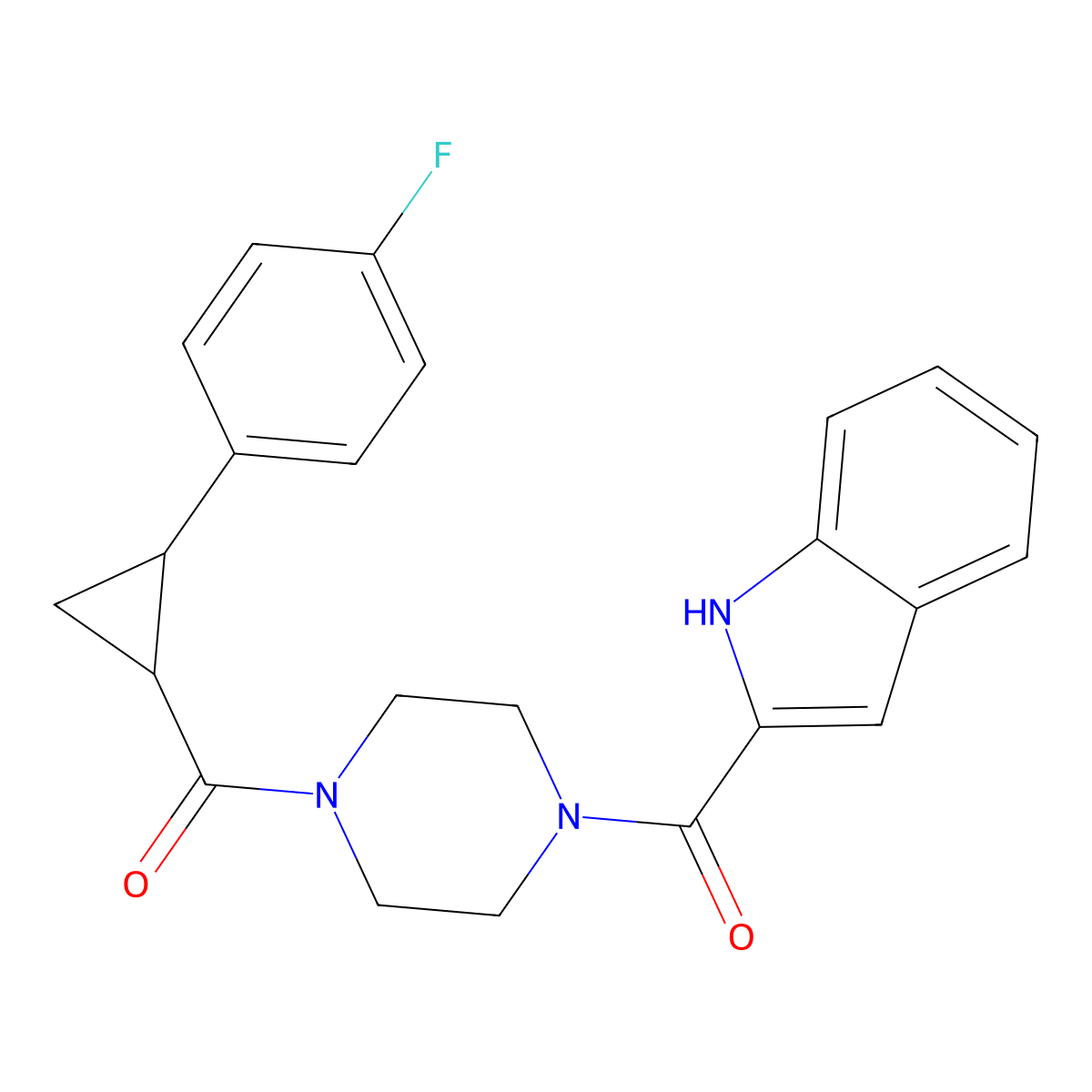 (4-(1H-indole-2-carbonyl)piperazin-1-yl)(2-(4-fluorophenyl)cyclopropyl)methanone molecular structure, CAS 1208949-50-1