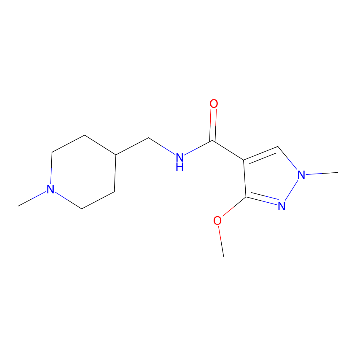 3-methoxy-1-methyl-N-((1-methylpiperidin-4-yl)methyl)-1H-pyrazole-4-carboxamide molecular structure, CAS 1208956-76-6