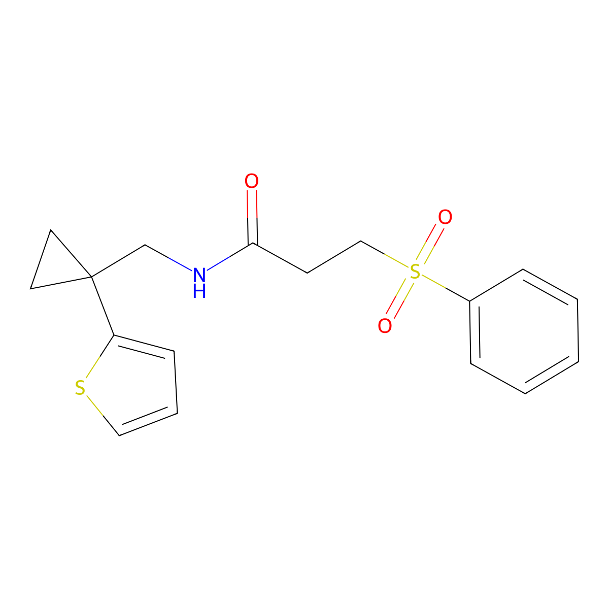 3-(phenylsulfonyl)-N-((1-(thiophen-2-yl)cyclopropyl)methyl)propanamide molecular structure, CAS 1208960-78-4