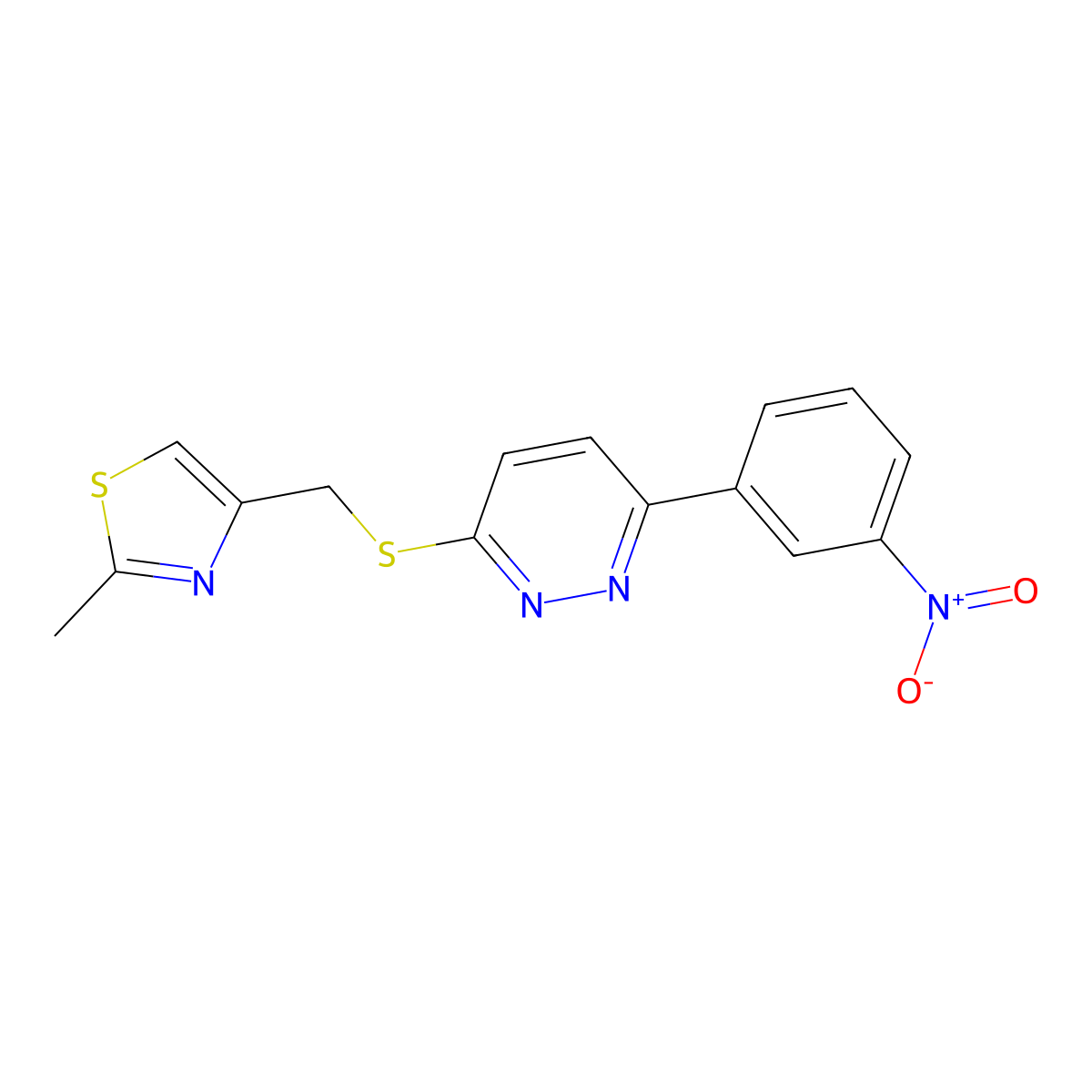 2-Methyl-4-(((6-(3-nitrophenyl)pyridazin-3-yl)thio)methyl)thiazole molecular structure, CAS 1208961-98-1