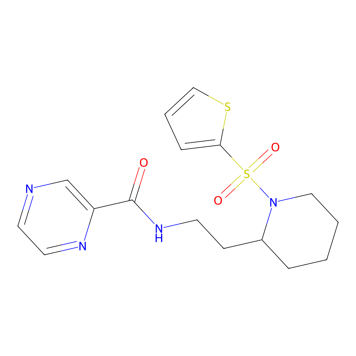 N-(2-(1-(thiophen-2-ylsulfonyl)piperidin-2-yl)ethyl)pyrazine-2-carboxamide molecular structure, CAS 1208964-82-2