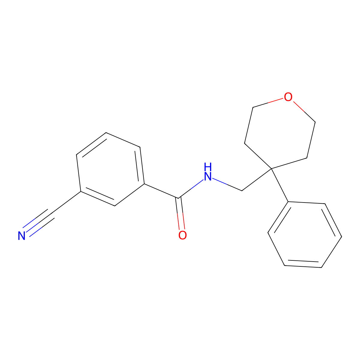 3-cyano-N-((4-phenyltetrahydro-2H-pyran-4-yl)methyl)benzamide molecular structure, CAS 1208966-53-3