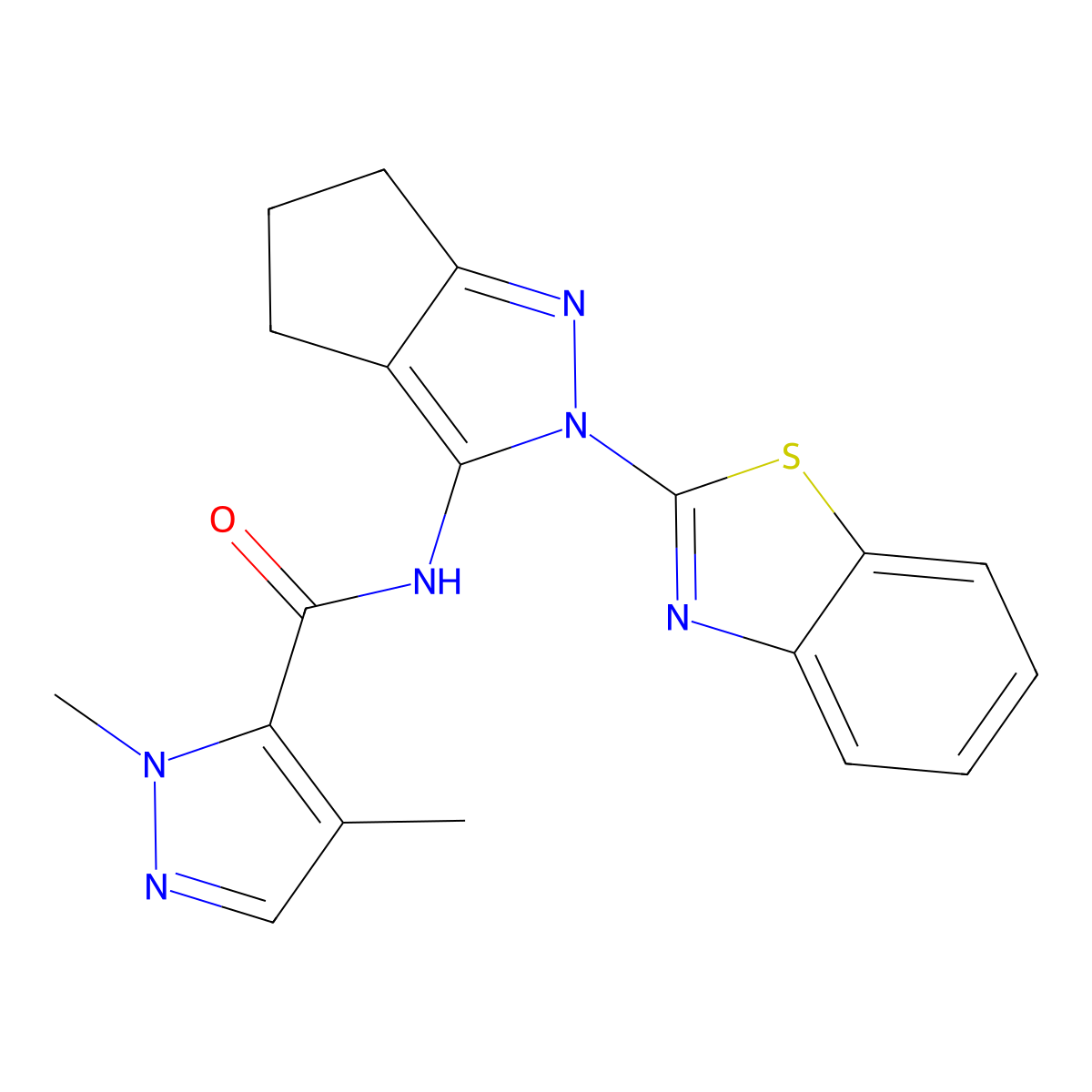 N-(2-(benzo[d]thiazol-2-yl)-2,4,5,6-tetrahydrocyclopenta[c]pyrazol-3-yl)-1,4-dimethyl-1H-pyrazole-5-carboxamide molecular structure, CAS 1208968-10-8