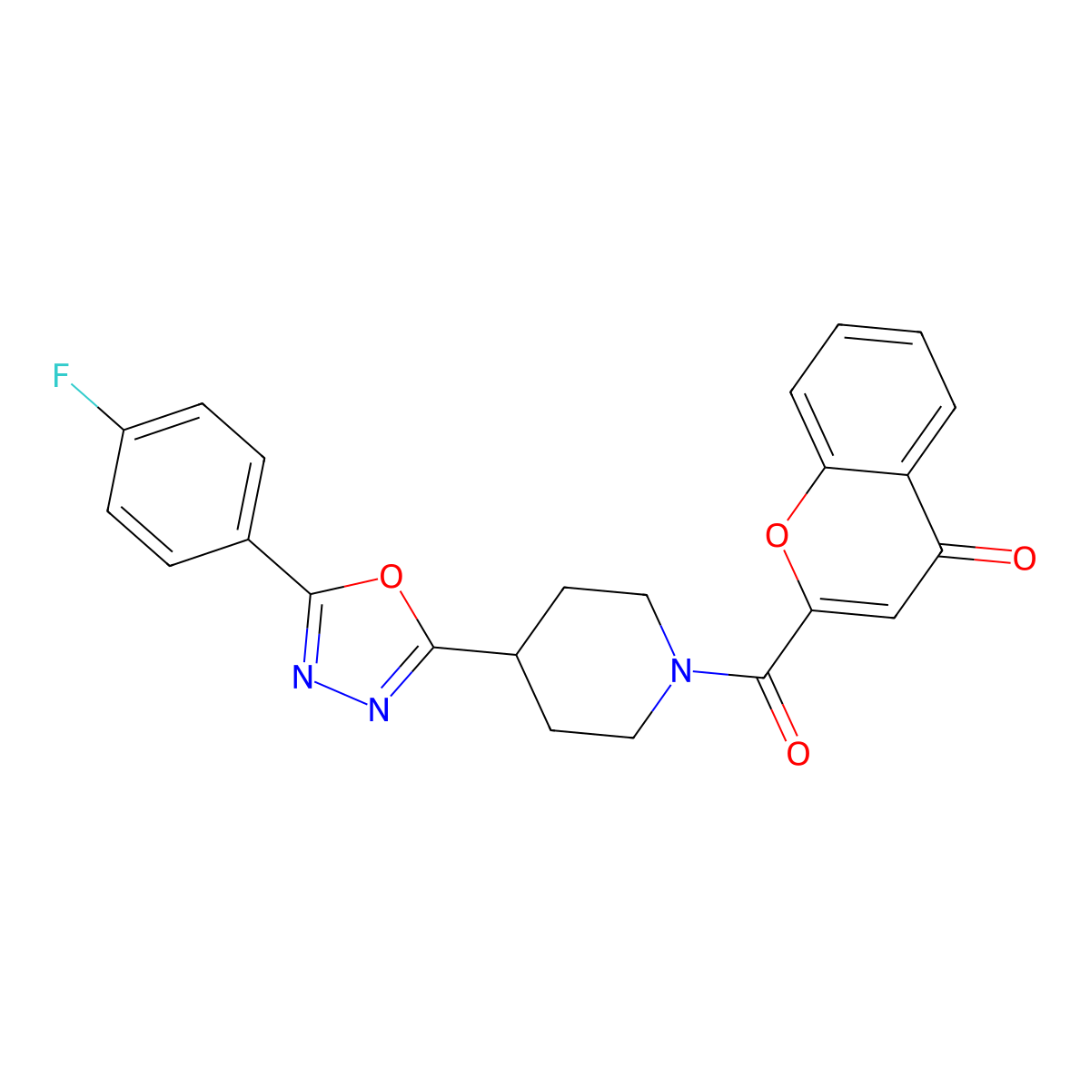 2-(4-(5-(4-fluorophenyl)-1,3,4-oxadiazol-2-yl)piperidine-1-carbonyl)-4H-chromen-4-one molecular structure, CAS 1208971-80-5
