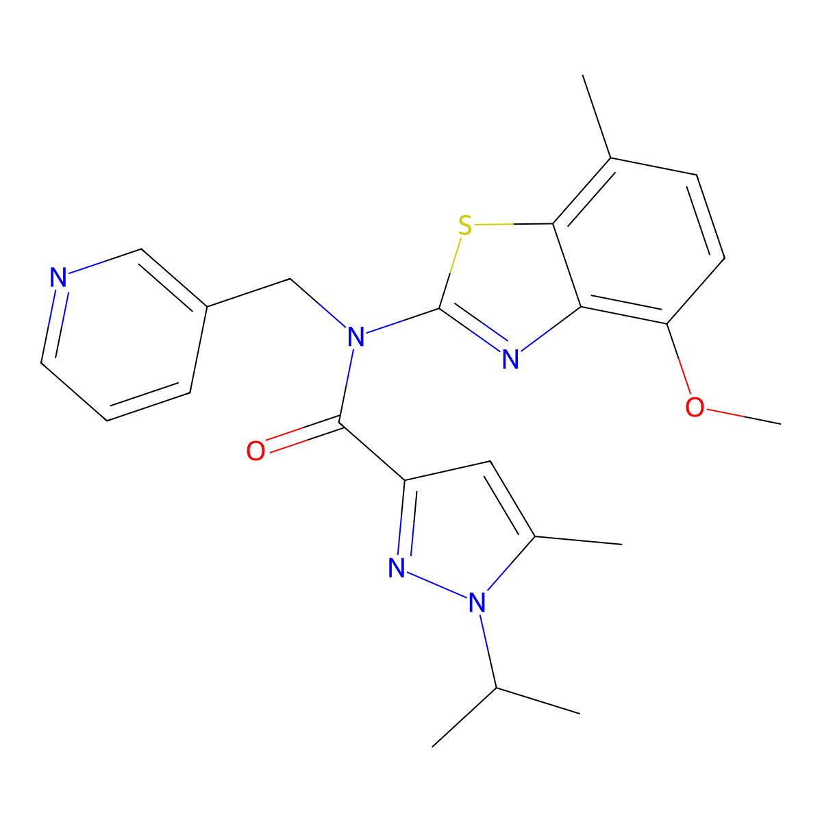 1-isopropyl-N-(4-methoxy-7-methylbenzo[d]thiazol-2-yl)-5-methyl-N-(pyridin-3-ylmethyl)-1H-pyrazole-3-carboxamide molecular structure, CAS 1208974-88-2