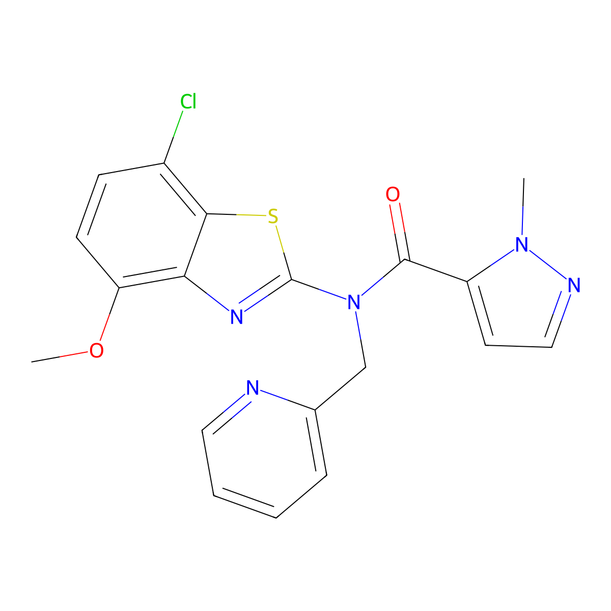 N-(7-chloro-4-methoxybenzo[d]thiazol-2-yl)-1-methyl-N-(pyridin-2-ylmethyl)-1H-pyrazole-5-carboxamide molecular structure, CAS 1208975-65-8
