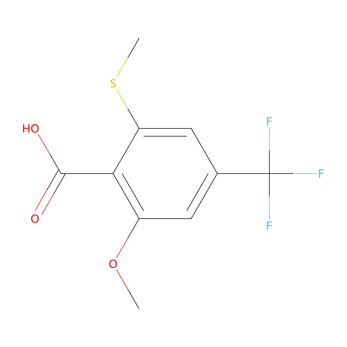 2-Methoxy-6-methylsulfanyl-4-trifluoromethyl-benzoic acid molecular structure, CAS 1208984-79-5