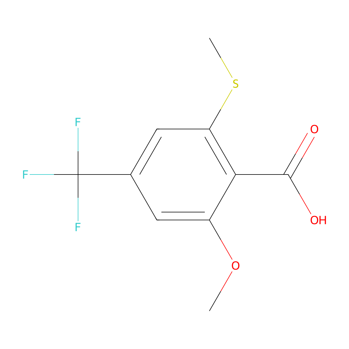 2-Methoxy-6-methylsulfanyl-4-trifluoromethyl-benzoic acid molecular structure, CAS 1208984-79-5