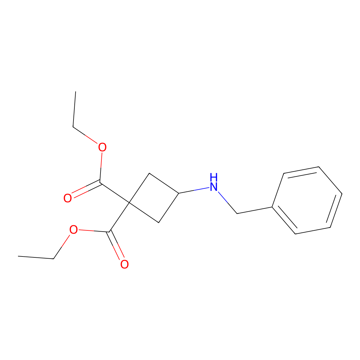 Diethyl 3-(benzylamino)cyclobutane-1,1-dicarboxylate molecular structure, CAS 1208989-38-1