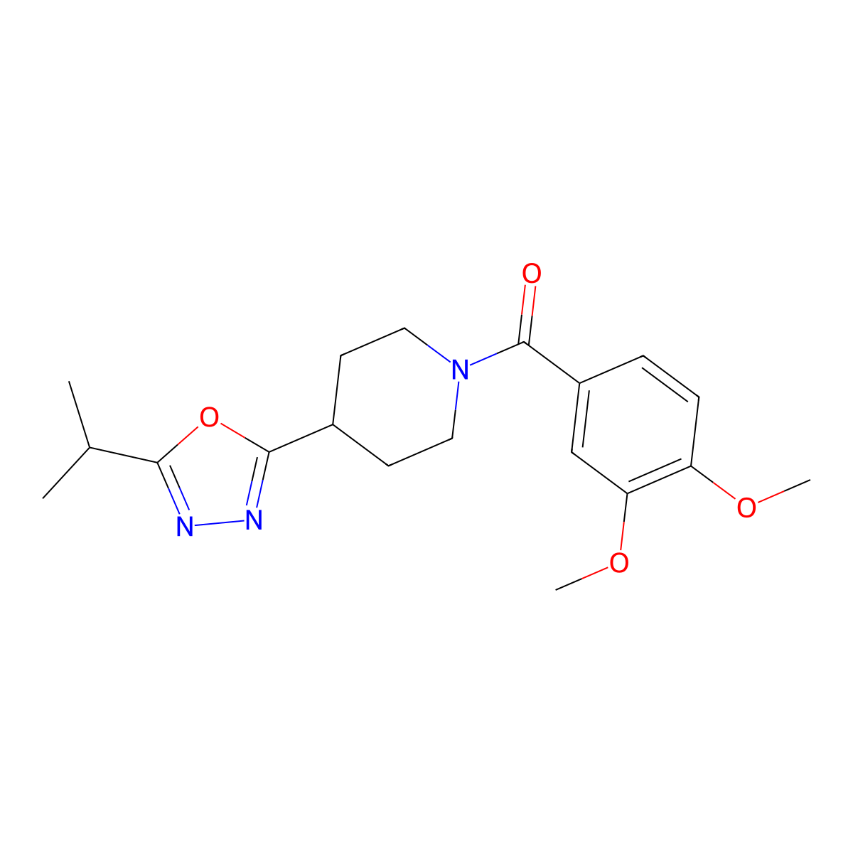(3,4-Dimethoxyphenyl)(4-(5-isopropyl-1,3,4-oxadiazol-2-yl)piperidin-1-yl)methanone molecular structure, CAS 1209051-08-0