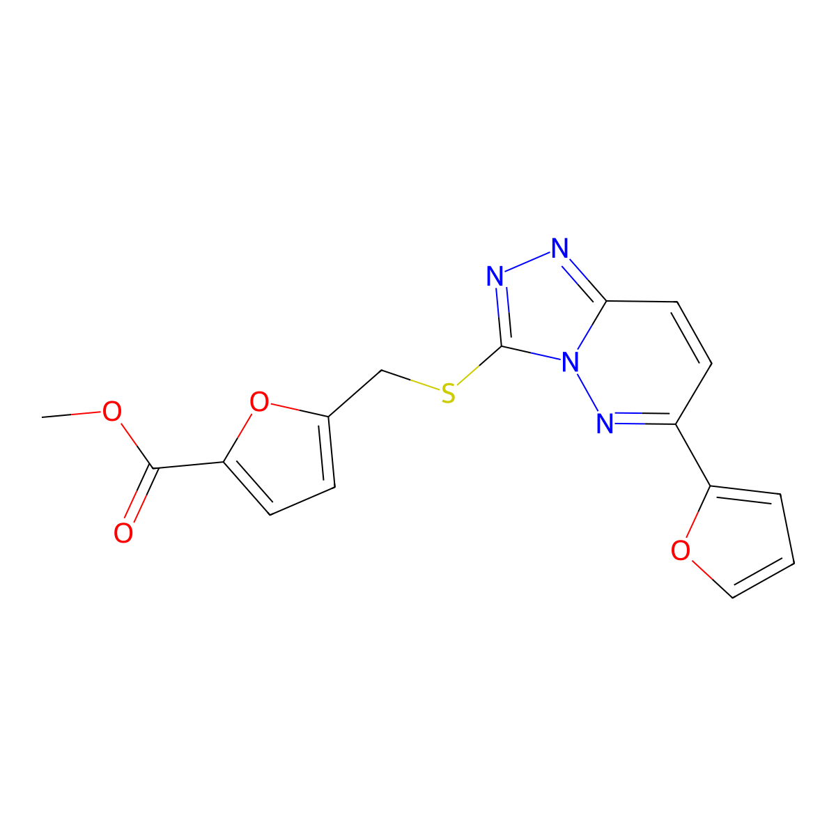 Methyl 5-(((6-(furan-2-yl)-[1,2,4]triazolo[4,3-b]pyridazin-3-yl)thio)methyl)furan-2-carboxylate molecular structure, CAS 1209051-90-0