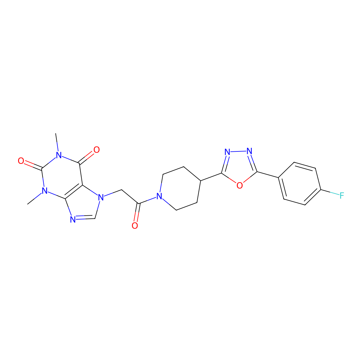 7-(2-(4-(5-(4-fluorophenyl)-1,3,4-oxadiazol-2-yl)piperidin-1-yl)-2-oxoethyl)-1,3-dimethyl-1H-purine-2,6(3H,7H)-dione molecular structure, CAS 1209053-83-7