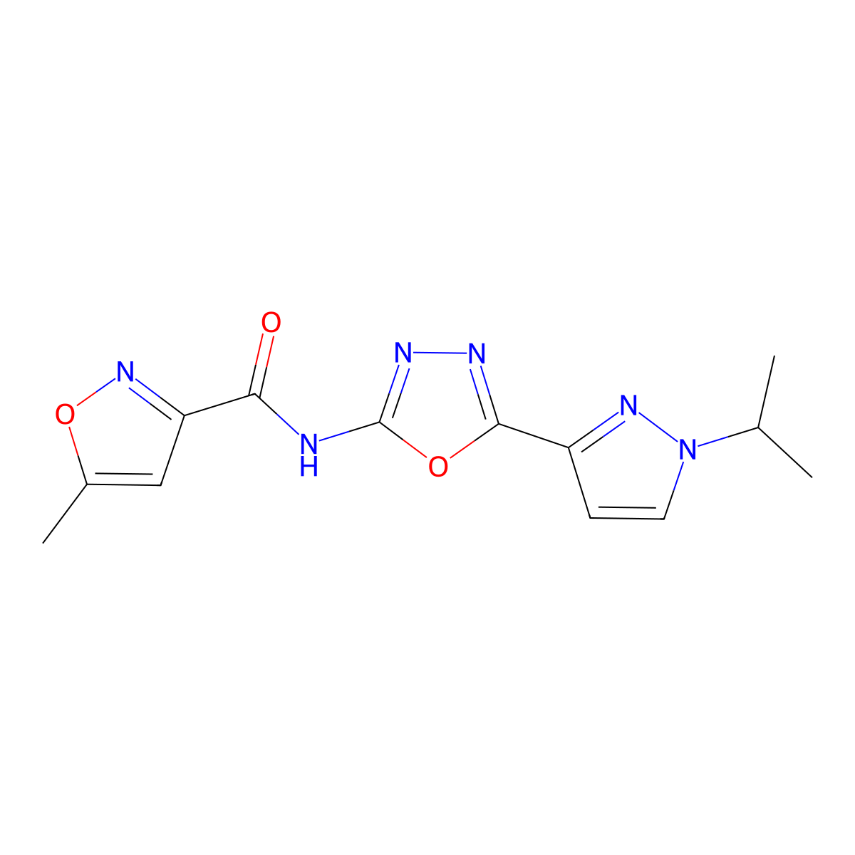 N-(5-(1-isopropyl-1H-pyrazol-3-yl)-1,3,4-oxadiazol-2-yl)-5-methylisoxazole-3-carboxamide molecular structure, CAS 1209054-07-8