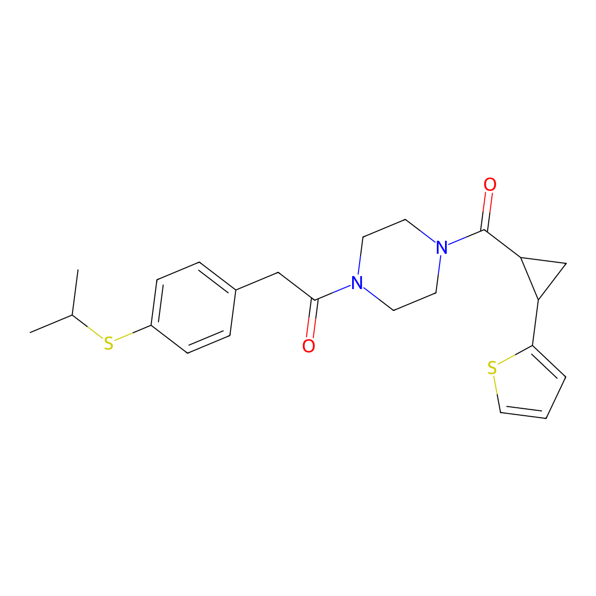 2-(4-(Isopropylthio)phenyl)-1-(4-(2-(thiophen-2-yl)cyclopropanecarbonyl)piperazin-1-yl)ethanone molecular structure, CAS 1209062-59-8