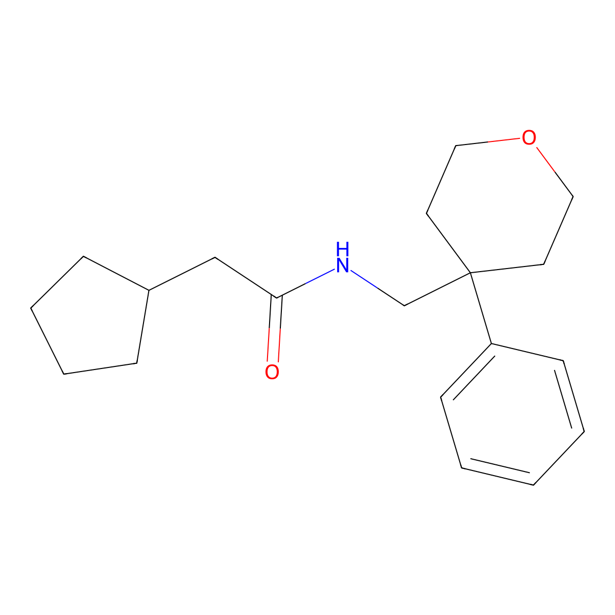 2-cyclopentyl-N-[(4-phenyloxan-4-yl)methyl]acetamide molecular structure, CAS 1209067-95-7