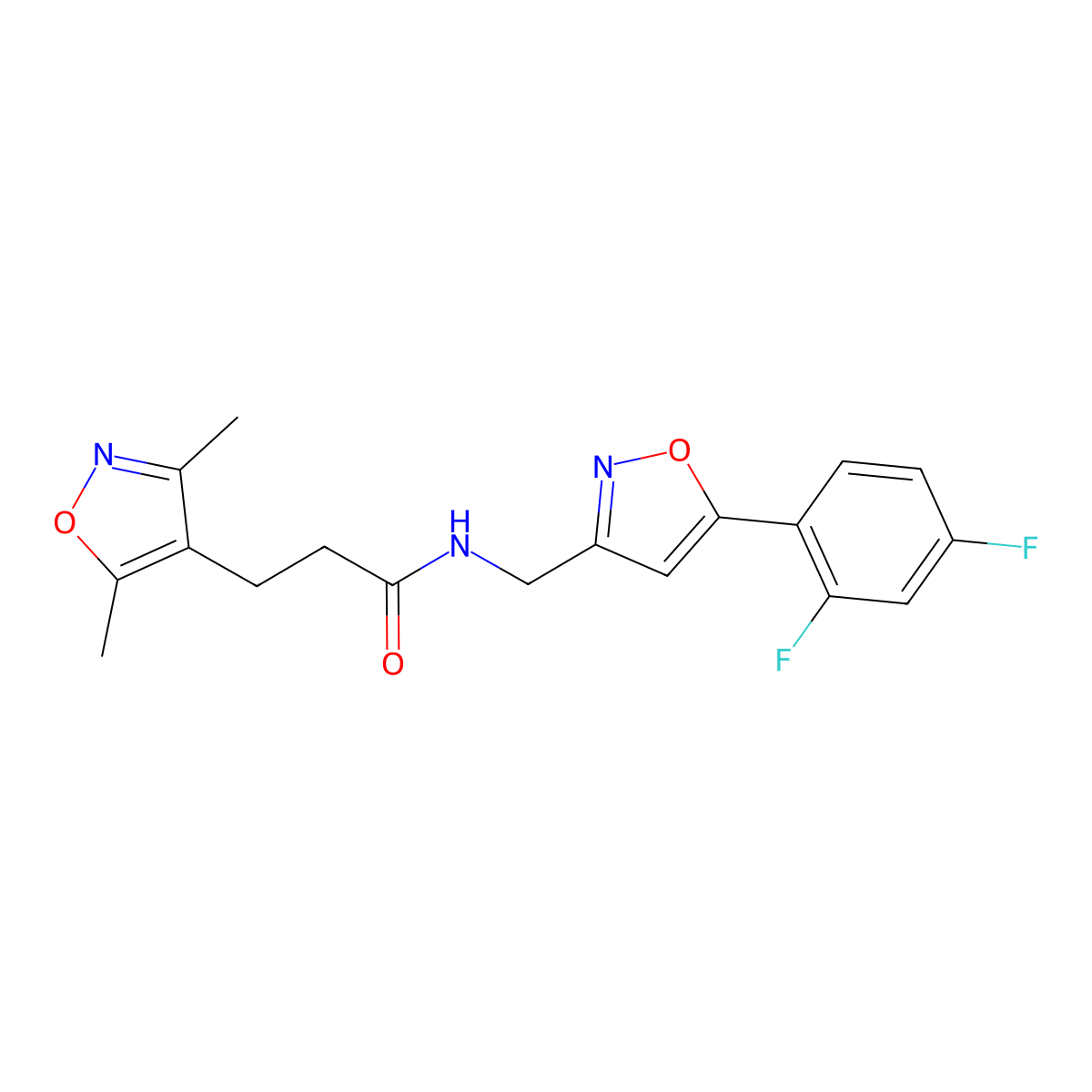N-((5-(2,4-difluorophenyl)isoxazol-3-yl)methyl)-3-(3,5-dimethylisoxazol-4-yl)propanamide molecular structure, CAS 1209068-07-4