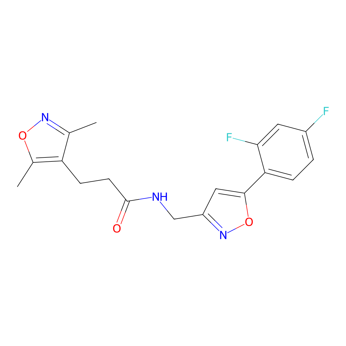 N-((5-(2,4-difluorophenyl)isoxazol-3-yl)methyl)-3-(3,5-dimethylisoxazol-4-yl)propanamide molecular structure, CAS 1209068-07-4