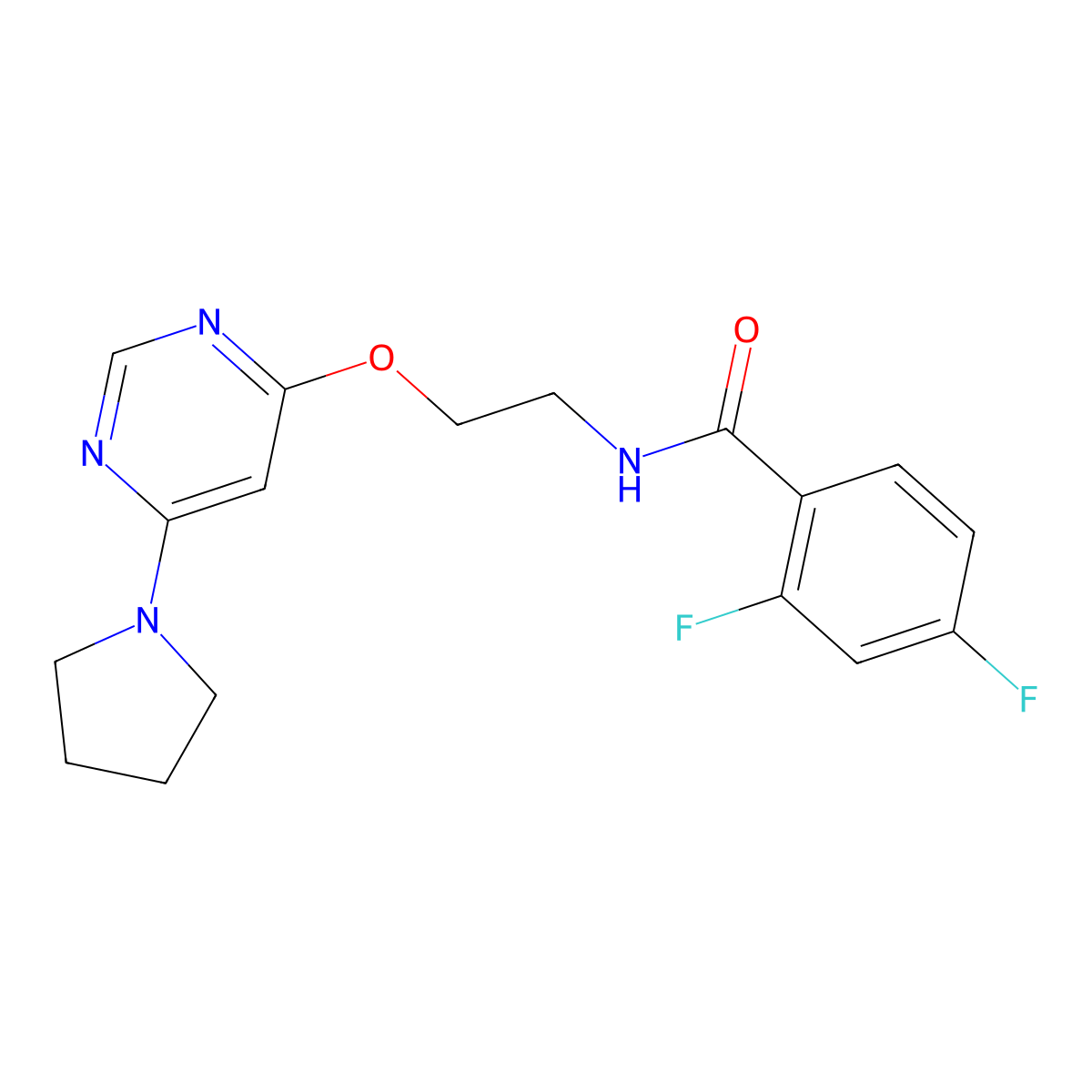 2,4-Difluoro-N-(2-{[6-(pyrrolidin-1-YL)pyrimidin-4-YL]oxy}ethyl)benzamide molecular structure, CAS 1209079-72-0