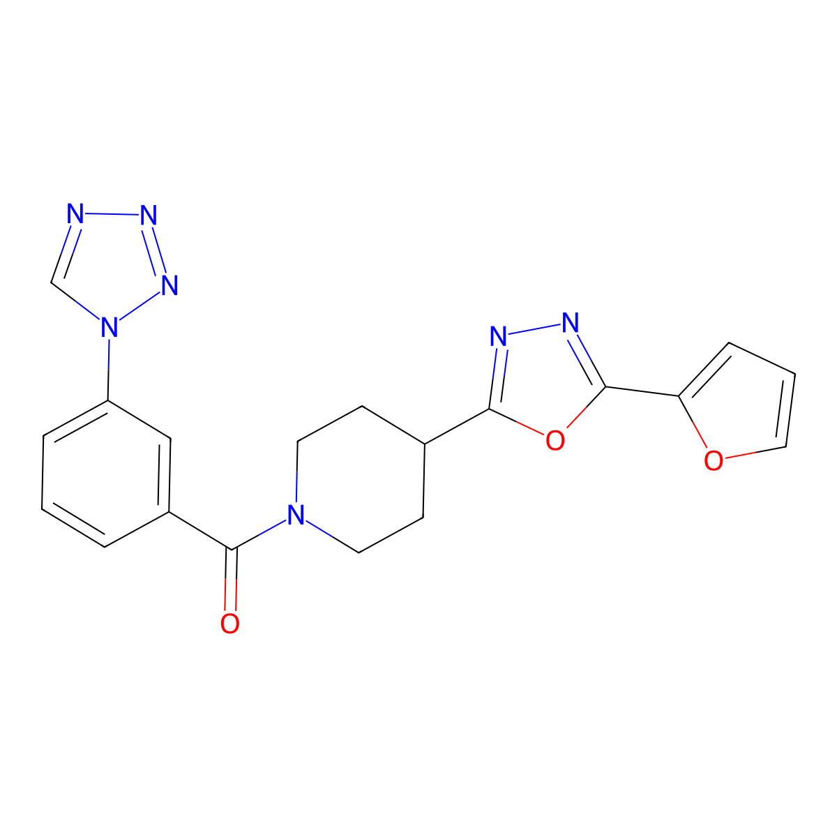 (3-(1H-tetrazol-1-yl)phenyl)(4-(5-(furan-2-yl)-1,3,4-oxadiazol-2-yl)piperidin-1-yl)methanone molecular structure, CAS 1209084-51-4