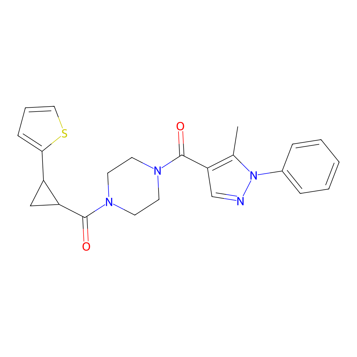 (5-methyl-1-phenyl-1H-pyrazol-4-yl)(4-(2-(thiophen-2-yl)cyclopropanecarbonyl)piperazin-1-yl)methanone molecular structure, CAS 1209087-17-1