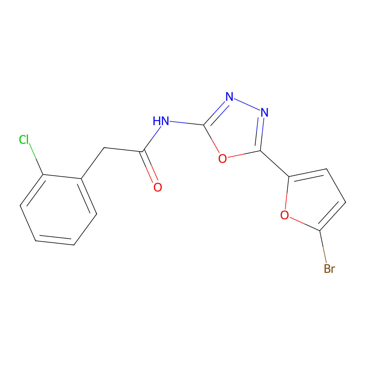 N-(5-(5-bromofuran-2-yl)-1,3,4-oxadiazol-2-yl)-2-(2-chlorophenyl)acetamide molecular structure, CAS 1209092-52-3