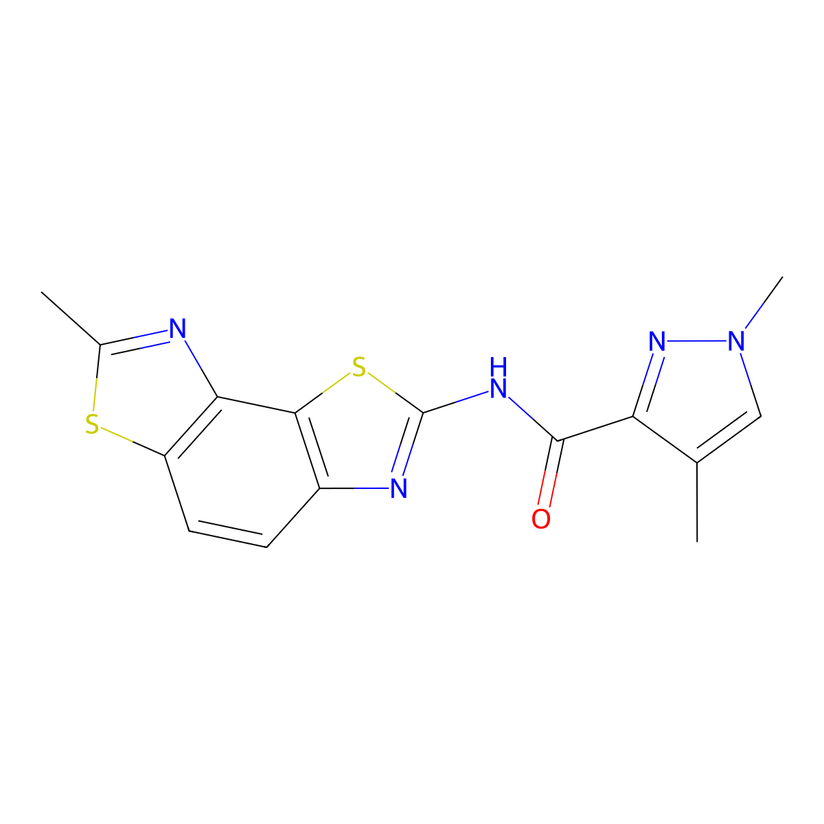 1,4-dimethyl-N-{11-methyl-3,10-dithia-5,12-diazatricyclo[7.3.0.0^{2,6}]dodeca-1(9),2(6),4,7,11-pentaen-4-yl}-1H-pyrazole-3-carboxamide molecular structure, CAS 1209106-14-8
