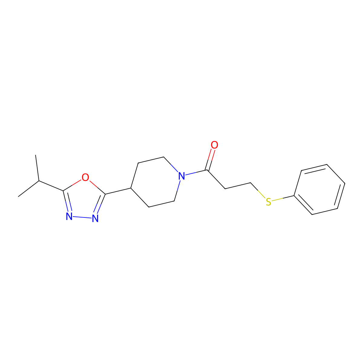 1-(4-(5-Isopropyl-1,3,4-oxadiazol-2-yl)piperidin-1-yl)-3-(phenylthio)propan-1-one molecular structure, CAS 1209106-42-2