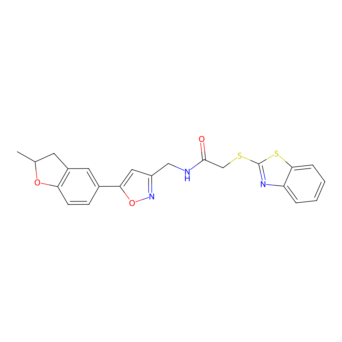 2-(benzo[d]thiazol-2-ylthio)-N-((5-(2-methyl-2,3-dihydrobenzofuran-5-yl)isoxazol-3-yl)methyl)acetamide molecular structure, CAS 1209109-27-2