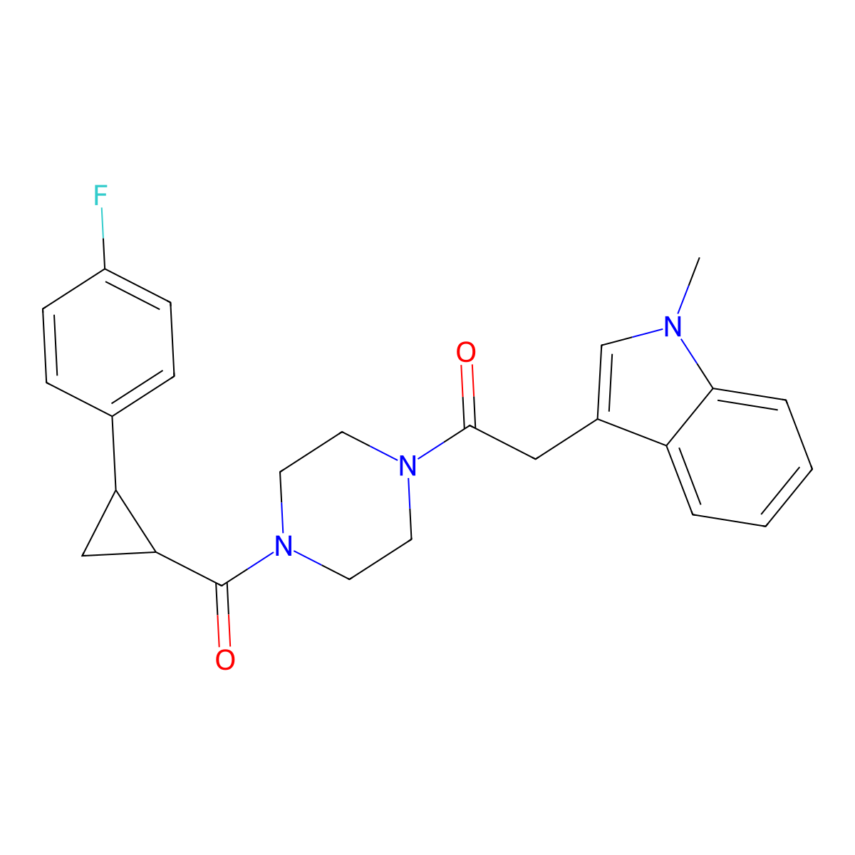 1-(4-(2-(4-fluorophenyl)cyclopropanecarbonyl)piperazin-1-yl)-2-(1-methyl-1H-indol-3-yl)ethanone molecular structure, CAS 1209110-10-0