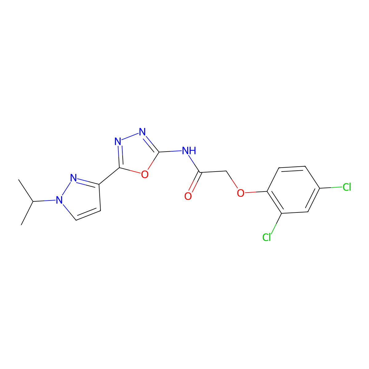 2-(2,4-dichlorophenoxy)-N-(5-(1-isopropyl-1H-pyrazol-3-yl)-1,3,4-oxadiazol-2-yl)acetamide molecular structure, CAS 1209115-23-0