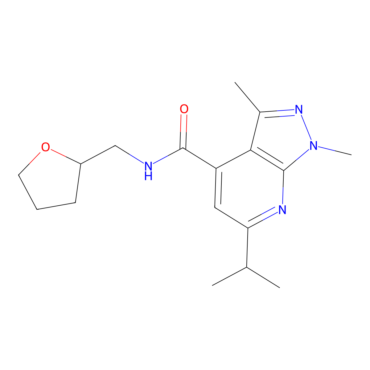 1,3-dimethyl-6-(propan-2-yl)-N-(tetrahydrofuran-2-ylmethyl)-1H-pyrazolo[3,4-b]pyridine-4-carboxamide molecular structure, CAS 1209129-31-6