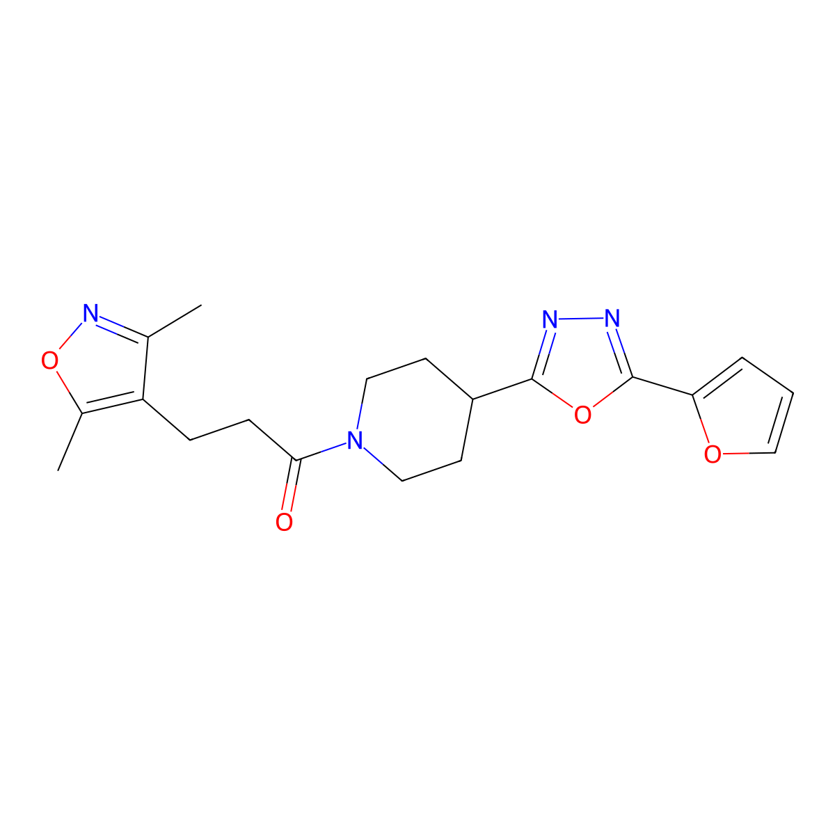 3-(3,5-Dimethylisoxazol-4-yl)-1-(4-(5-(furan-2-yl)-1,3,4-oxadiazol-2-yl)piperidin-1-yl)propan-1-one molecular structure, CAS 1209146-42-8