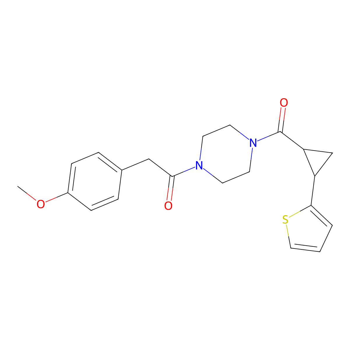 2-(4-Methoxyphenyl)-1-(4-(2-(thiophen-2-yl)cyclopropanecarbonyl)piperazin-1-yl)ethanone molecular structure, CAS 1209146-90-6