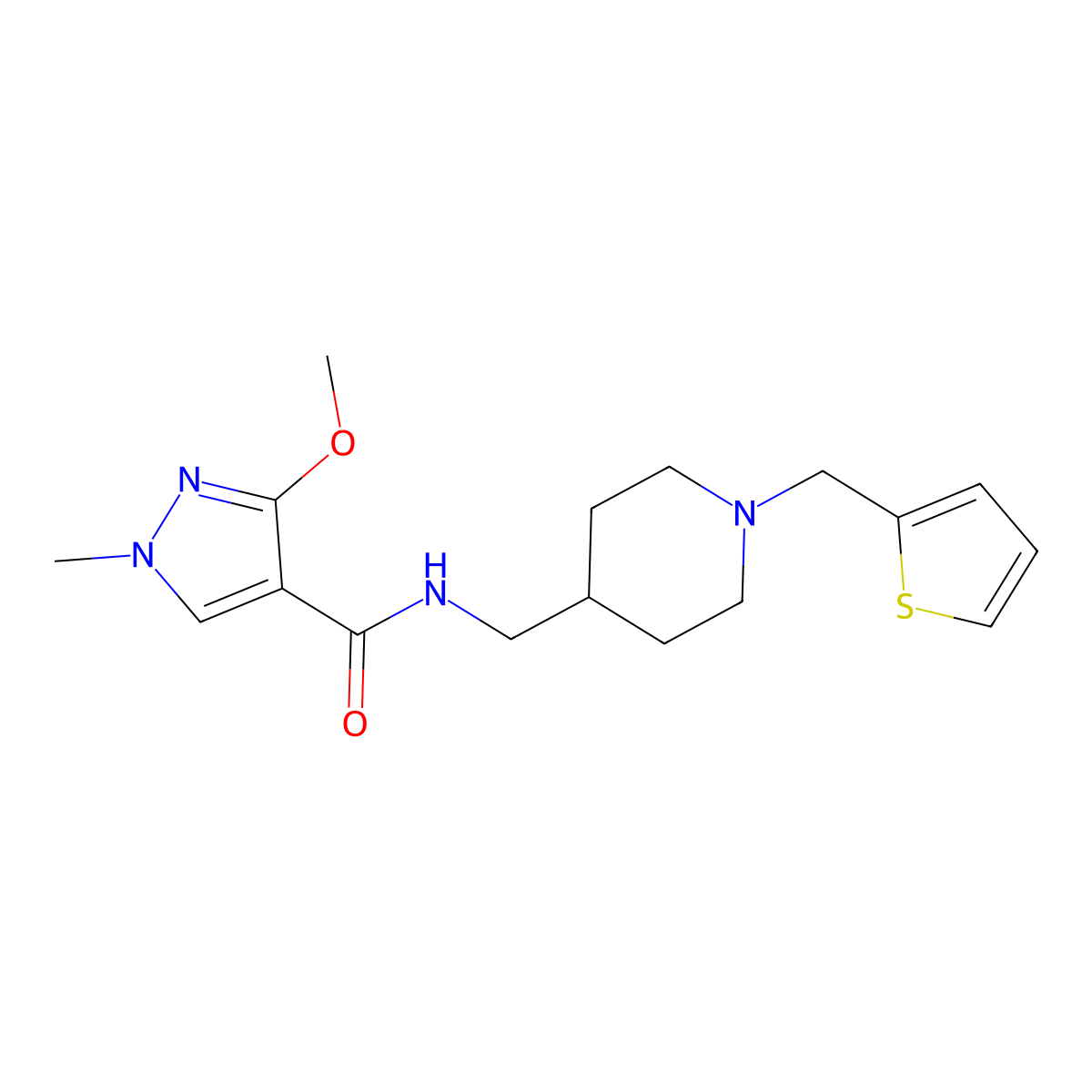 3-methoxy-1-methyl-N-((1-(thiophen-2-ylmethyl)piperidin-4-yl)methyl)-1H-pyrazole-4-carboxamide molecular structure, CAS 1209149-02-9