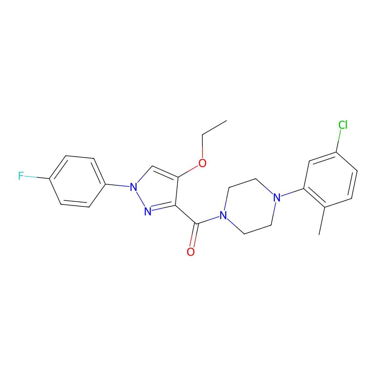 (4-(5-chloro-2-methylphenyl)piperazin-1-yl)(4-ethoxy-1-(4-fluorophenyl)-1H-pyrazol-3-yl)methanone molecular structure, CAS 1209150-00-4