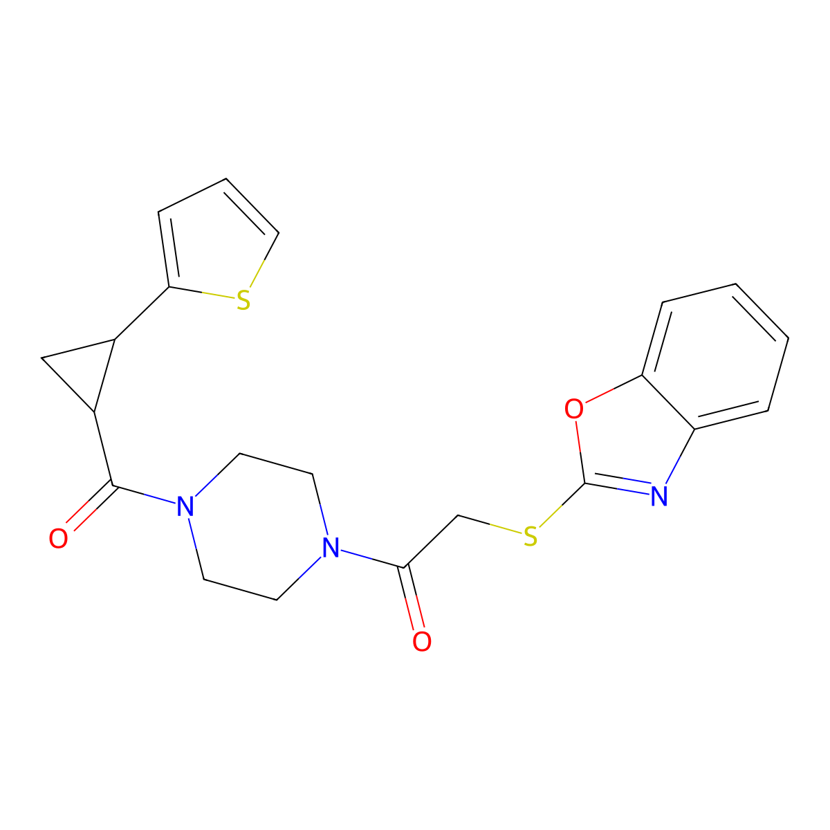 2-(Benzo[d]oxazol-2-ylthio)-1-(4-(2-(thiophen-2-yl)cyclopropanecarbonyl)piperazin-1-yl)ethanone molecular structure, CAS 1209155-35-0