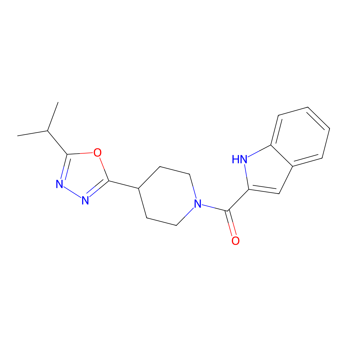 (1H-indol-2-yl)(4-(5-isopropyl-1,3,4-oxadiazol-2-yl)piperidin-1-yl)methanone molecular structure, CAS 1209160-23-5