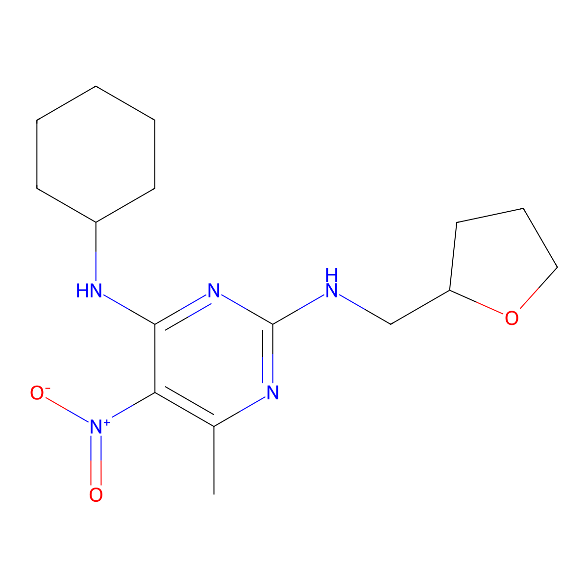 N4-cyclohexyl-6-methyl-5-nitro-N2-((tetrahydrofuran-2-yl)methyl)pyrimidine-2,4-diamine molecular structure, CAS 1209166-91-5