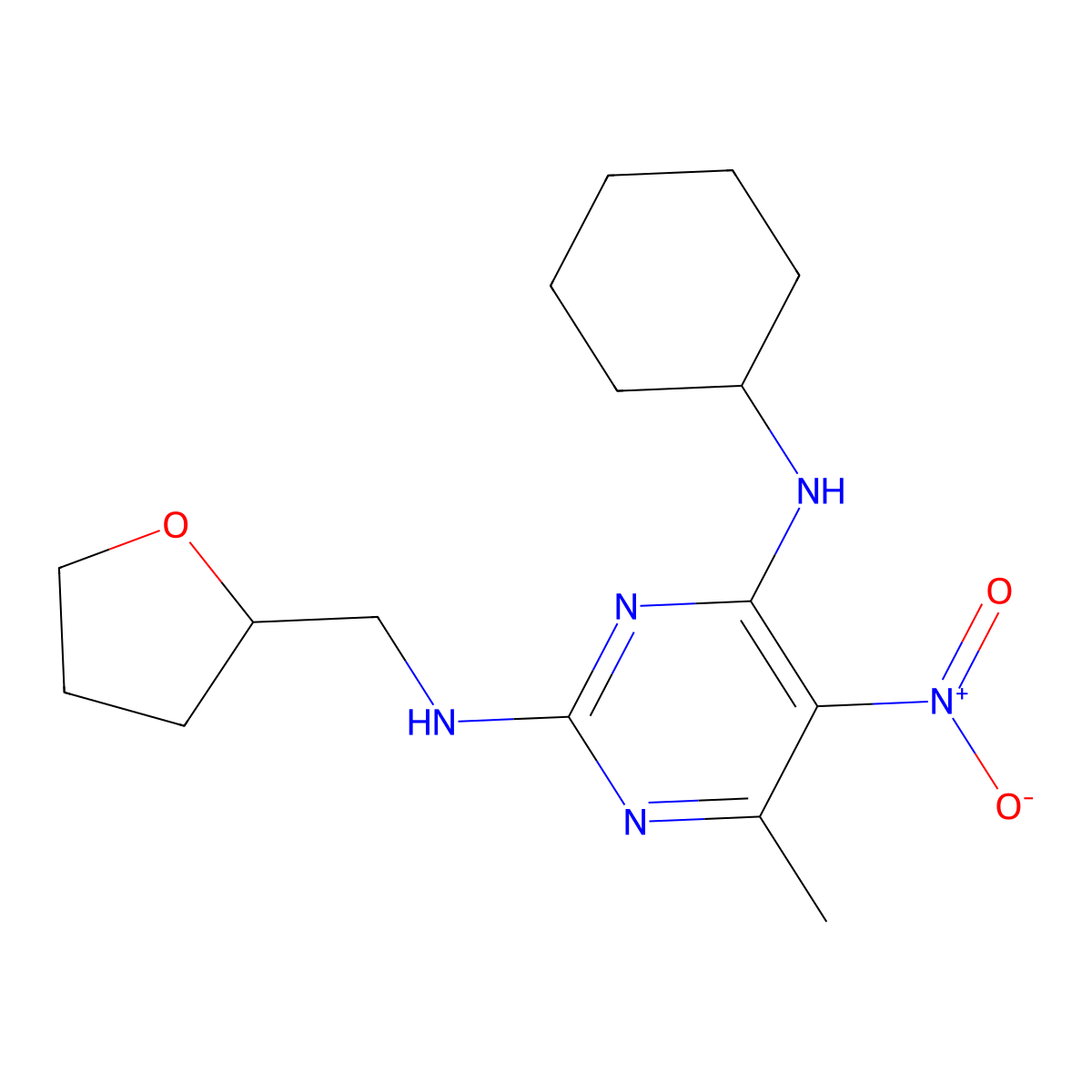 N4-cyclohexyl-6-methyl-5-nitro-N2-((tetrahydrofuran-2-yl)methyl)pyrimidine-2,4-diamine molecular structure, CAS 1209166-91-5