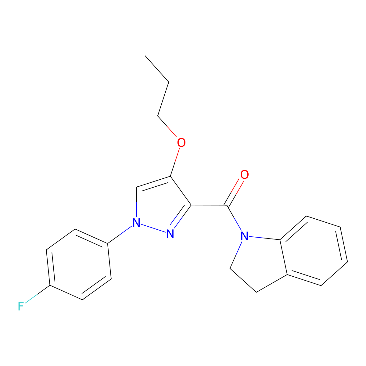(1-(4-fluorophenyl)-4-propoxy-1H-pyrazol-3-yl)(indolin-1-yl)methanone molecular structure, CAS 1209172-11-1
