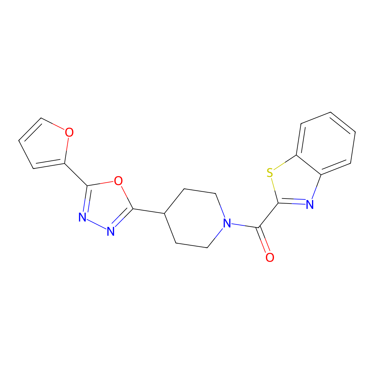 Benzo[d]thiazol-2-yl(4-(5-(furan-2-yl)-1,3,4-oxadiazol-2-yl)piperidin-1-yl)methanone molecular structure, CAS 1209181-39-4