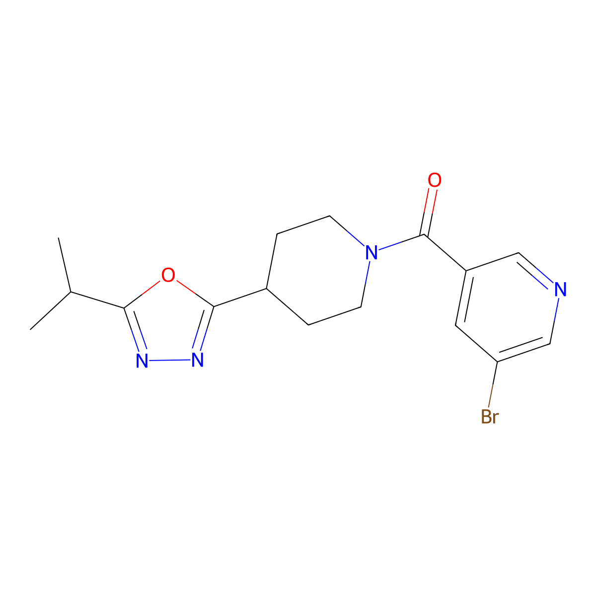(5-Bromopyridin-3-yl)(4-(5-isopropyl-1,3,4-oxadiazol-2-yl)piperidin-1-yl)methanone molecular structure, CAS 1209181-48-5