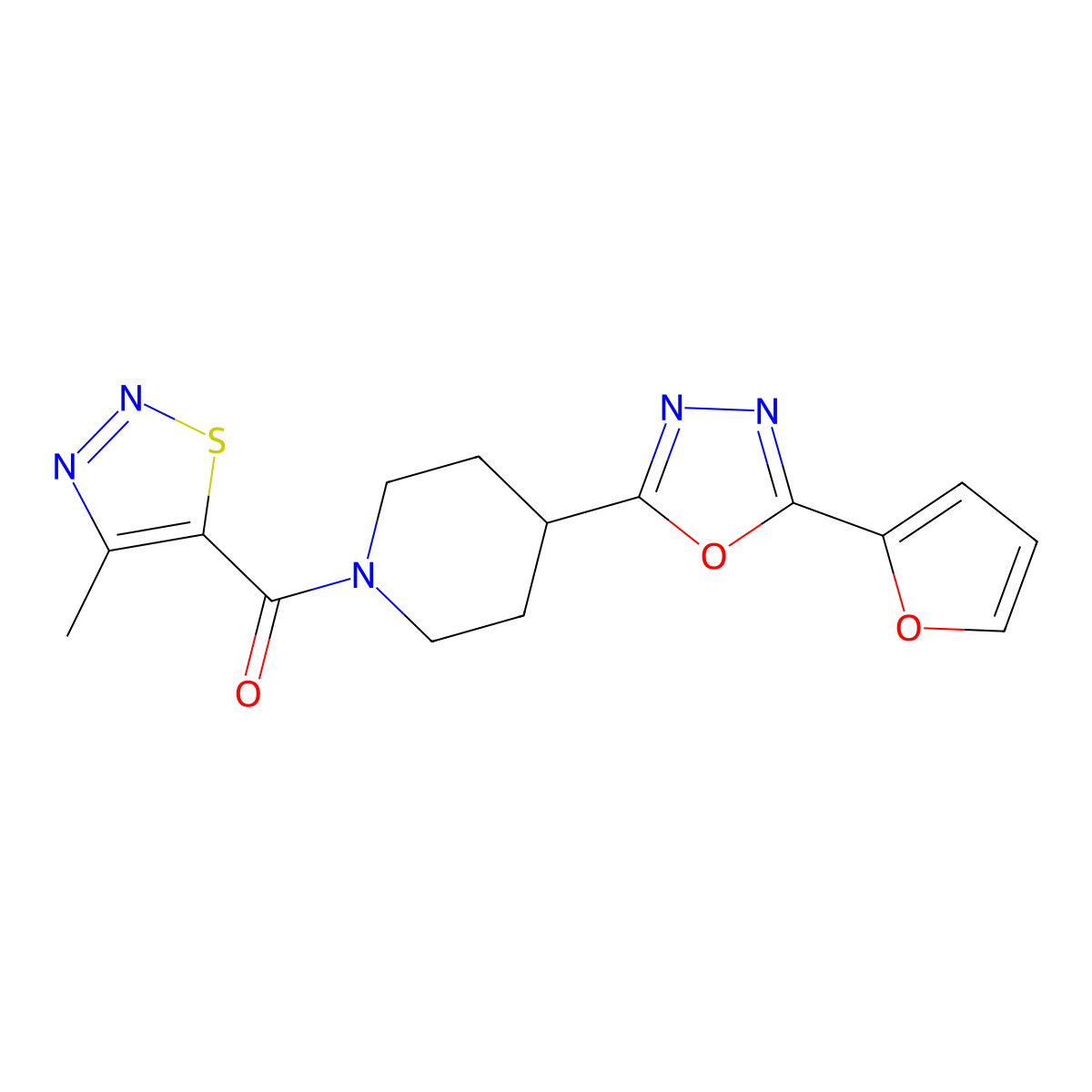 (4-(5-(Furan-2-yl)-1,3,4-oxadiazol-2-yl)piperidin-1-yl)(4-methyl-1,2,3-thiadiazol-5-yl)methanone molecular structure, CAS 1209185-01-2