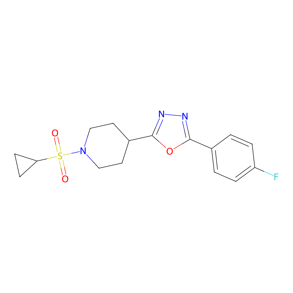 2-(1-(Cyclopropylsulfonyl)piperidin-4-yl)-5-(4-fluorophenyl)-1,3,4-oxadiazole molecular structure, CAS 1209197-35-2